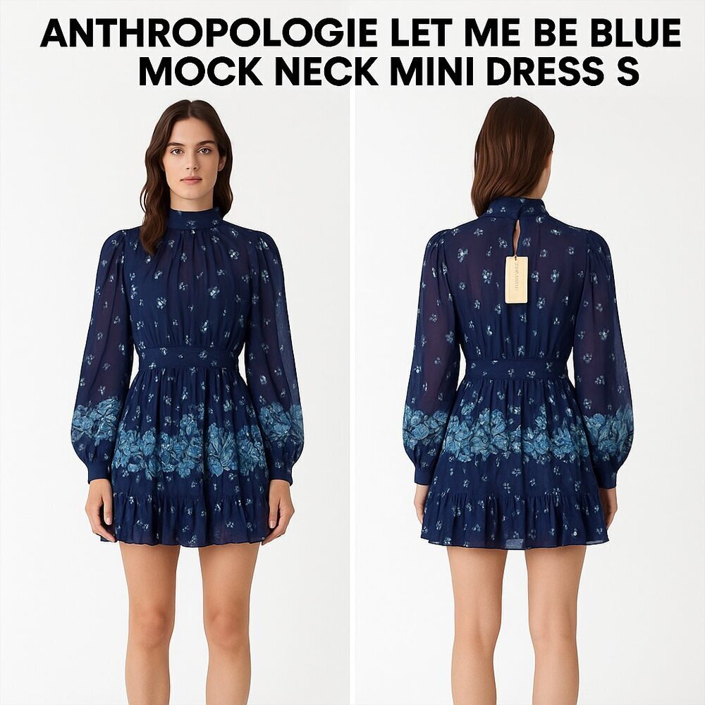 ANTHROPOLOGIE LET ME BE BLUE MOCK NECK MINI DRESS S NWT